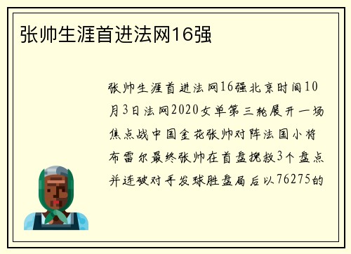 张帅生涯首进法网16强