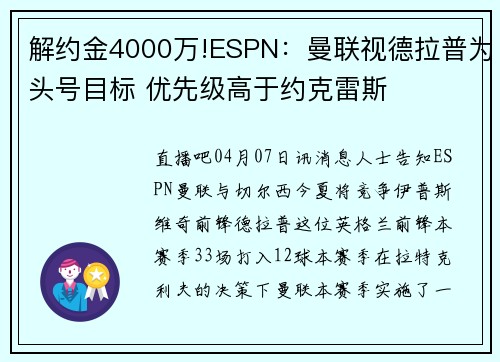 解约金4000万!ESPN：曼联视德拉普为头号目标 优先级高于约克雷斯